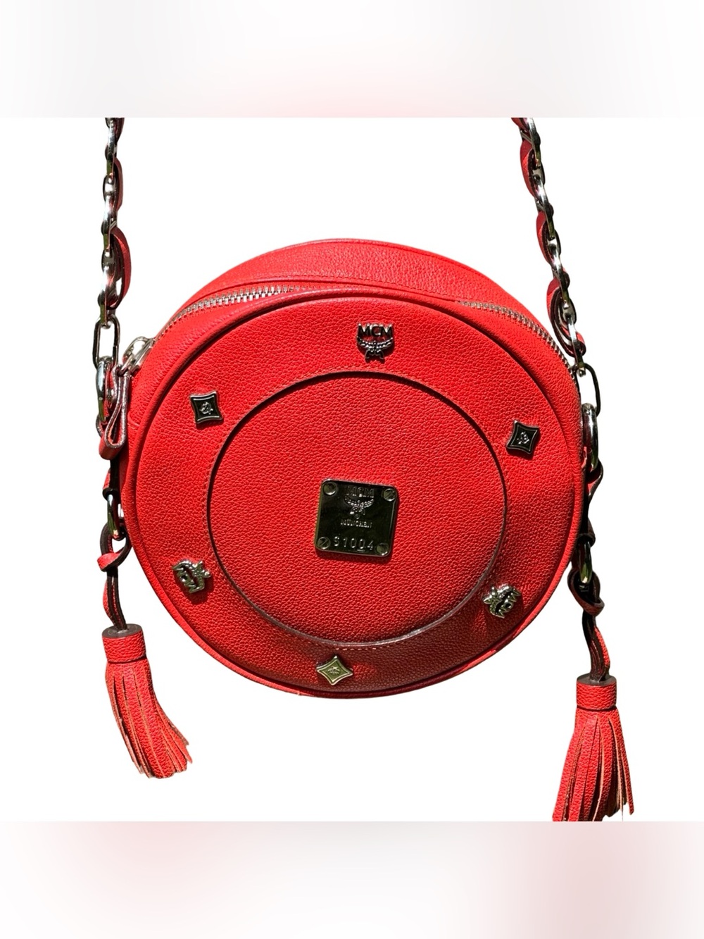 VTG MCM Red Grained Leather Round Tambourine Crossbody Bag Silver Studded - Picture 8 of 16